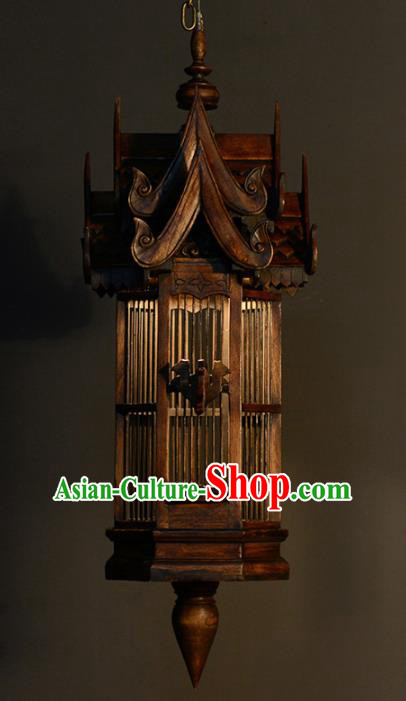 Asian Traditional Wood Carving Birdcage Ceiling Lantern Thailand Handmade Lanterns Hanging Lamps