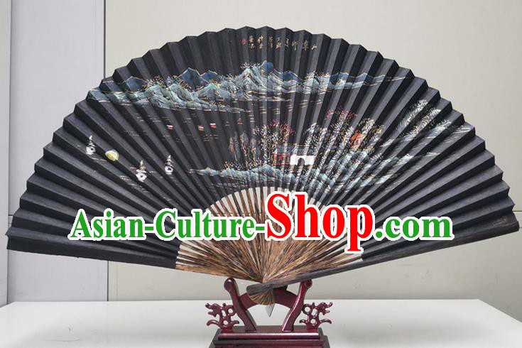 Traditional Chinese Printing West Lake Scenery Black Paper Folding Fan China Bamboo Fan Oriental Fan