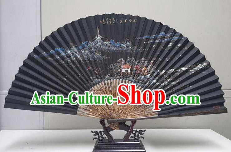 Traditional Chinese Printing Autumn Scenery Black Paper Folding Fan China Bamboo Fan Oriental Fan