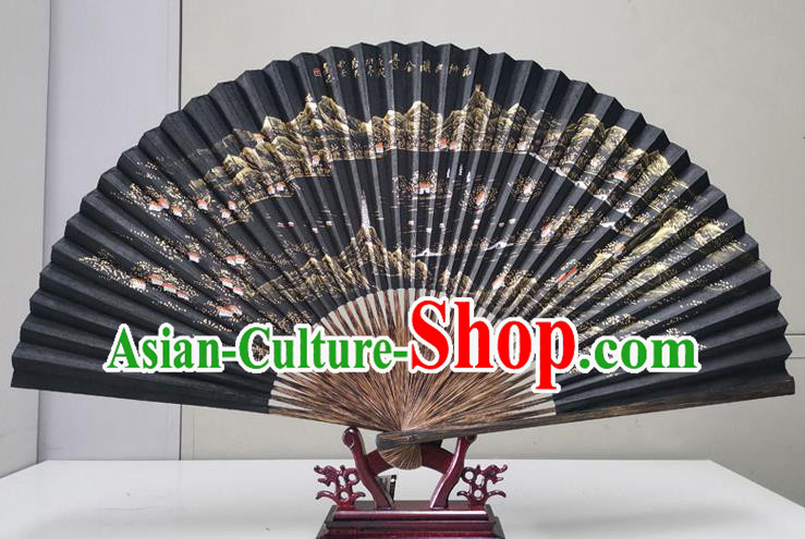 Traditional Chinese Printing West Lake Black Paper Folding Fan China Bamboo Fan Oriental Fan