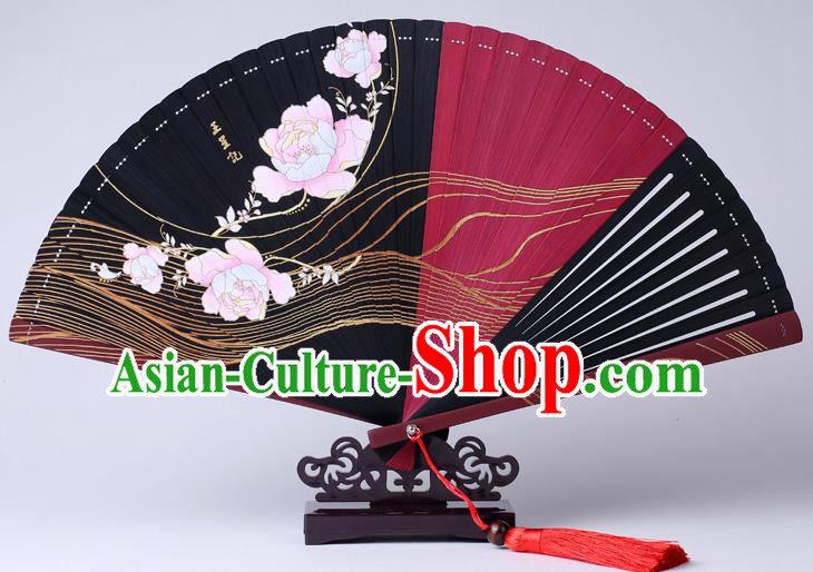 Traditional Chinese Printing Flowers Black Folding Fan China Bamboo Fan Oriental Fan