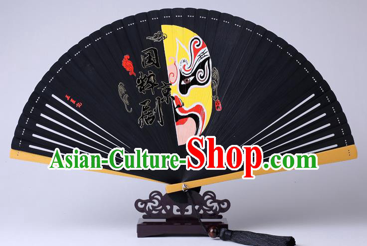 Traditional Chinese Printing Facial Makeup Black Folding Fan China Bamboo Fan Oriental Fan