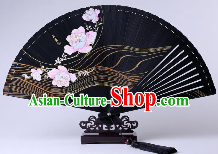 Traditional Chinese Printing Peony Flowers Black Folding Fan China Bamboo Fan Oriental Fan