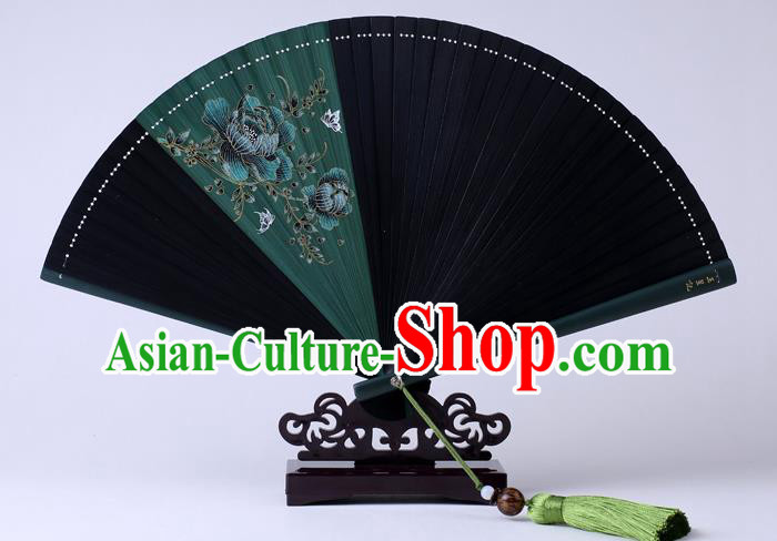 Traditional Chinese Printing Flowers Deep Green Folding Fan China Bamboo Fan Oriental Fan
