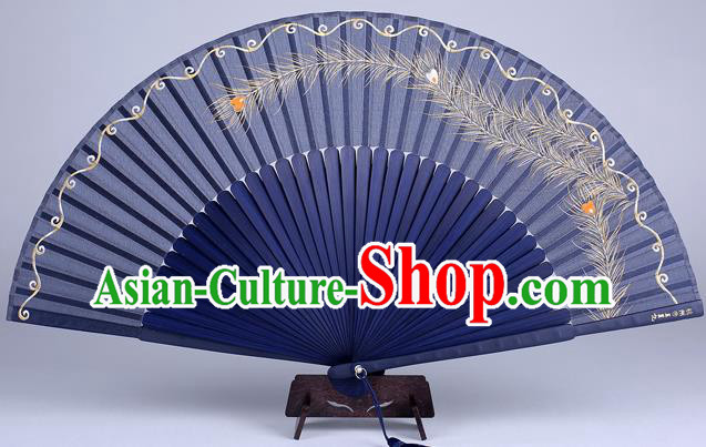 Traditional Chinese Handmade Printing Phoenix Tail Blue Silk Folding Fan China Bamboo Fan Oriental Fan