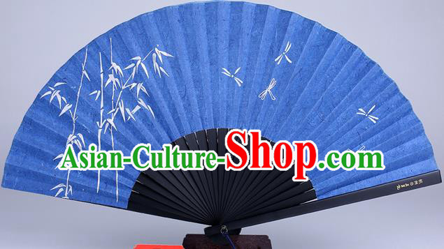 Traditional Chinese Handmade Printing Bamboo Dragonfly Blue Silk Folding Fan China Accordion Fan Oriental Fan