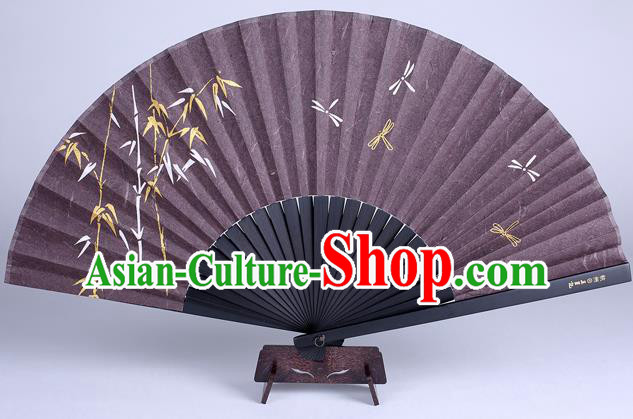 Traditional Chinese Handmade Printing Bamboo Dragonfly Purple Silk Folding Fan China Accordion Fan Oriental Fan