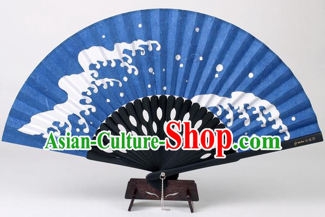 Traditional Chinese Handmade Printing Wave Blue Silk Folding Fan China Accordion Fan Oriental Fan