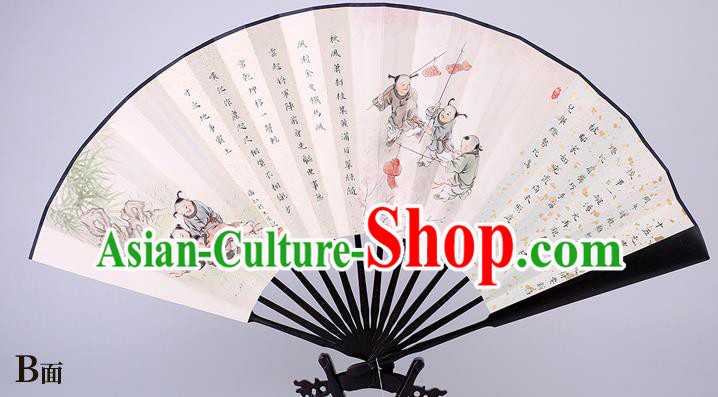 Traditional Chinese Handmade Playing Boys Paper Folding Fan China Wenge Accordion Fan Oriental Fan