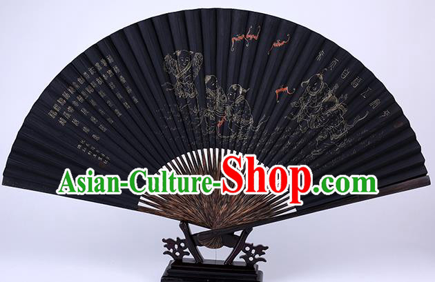 Traditional Chinese Handmade Printing Boys Black Paper Folding Fan China Bamboo Accordion Fan Oriental Fan