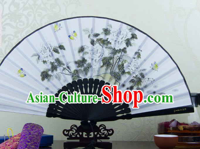 Traditional Chinese Printing Peony Grey Flax Fan China Bamboo Accordion Folding Fan Oriental Fan