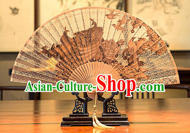 Traditional Chinese Hand Carving Peacock Sandalwood Fan China Accordion Folding Fan Oriental Fan