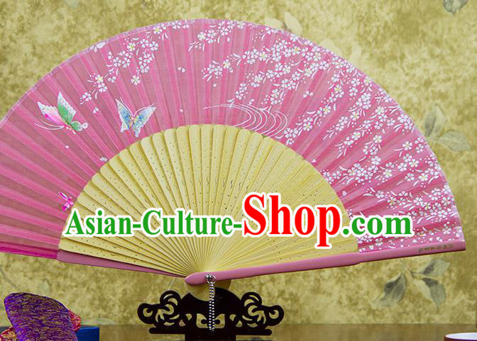 Traditional Chinese Printing Butterfly Pink Silk Fan China Bamboo Accordion Folding Fan Oriental Fan