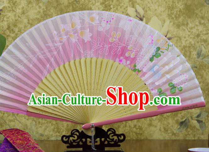Traditional Chinese Printing Chrysanthemum Pink Silk Fan China Bamboo Accordion Folding Fan Oriental Fan