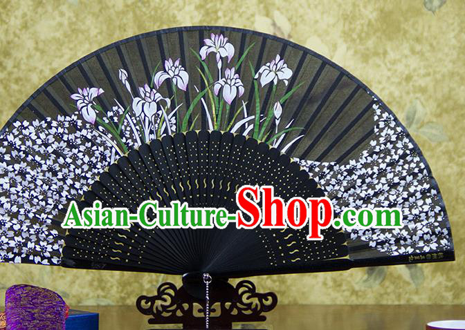 Traditional Chinese Printing Orchids Black Silk Fan China Bamboo Accordion Folding Fan Oriental Fan