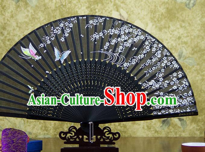 Traditional Chinese Printing Butterfly Black Silk Fan China Bamboo Accordion Folding Fan Oriental Fan