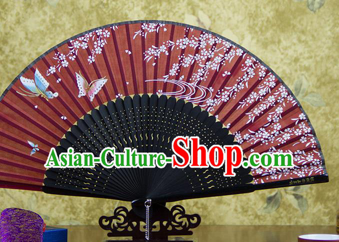 Traditional Chinese Printing Butterfly Purplish Red Silk Fan China Bamboo Accordion Folding Fan Oriental Fan