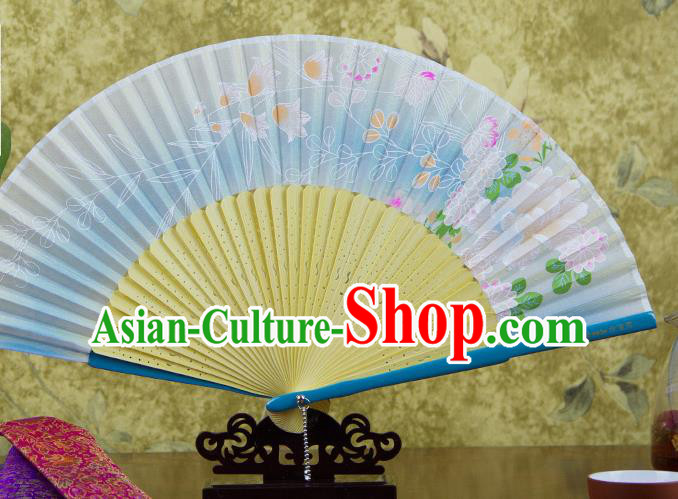 Traditional Chinese Printing Chrysanthemum Light Blue Silk Fan China Bamboo Accordion Folding Fan Oriental Fan