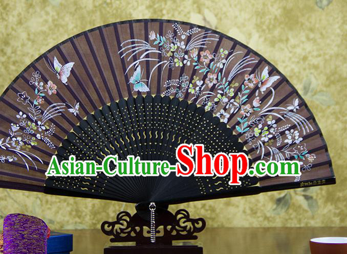 Traditional Chinese Printing Butterfly Brown Silk Fan China Bamboo Accordion Folding Fan Oriental Fan