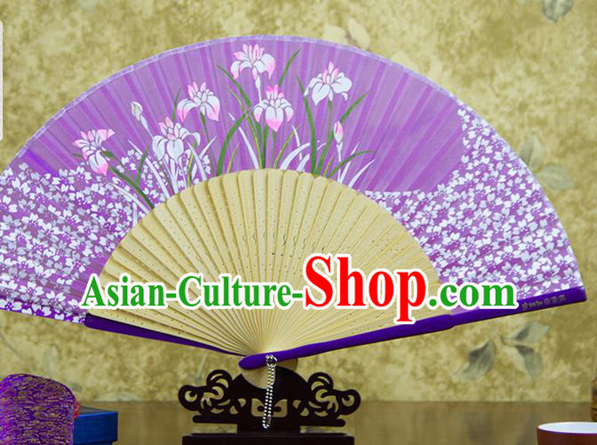 Traditional Chinese Printing Orchids Purple Silk Fan China Bamboo Accordion Folding Fan Oriental Fan