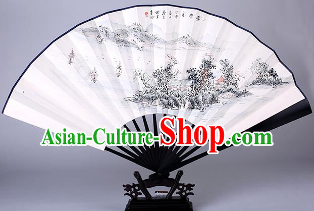 Traditional Chinese Handmade Painting West Lake Paper Folding Fan China Wood Accordion Fan Oriental Fan