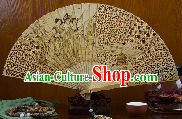 Traditional Chinese Hand Carving Beauty Diao Chan Sandalwood Fan China Wood Accordion Folding Fan Oriental Fan