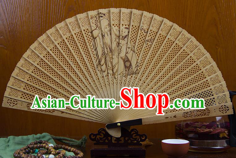 Traditional Chinese Hand Carving Longevity Immortal Sandalwood Fan China Wood Accordion Folding Fan Oriental Fan