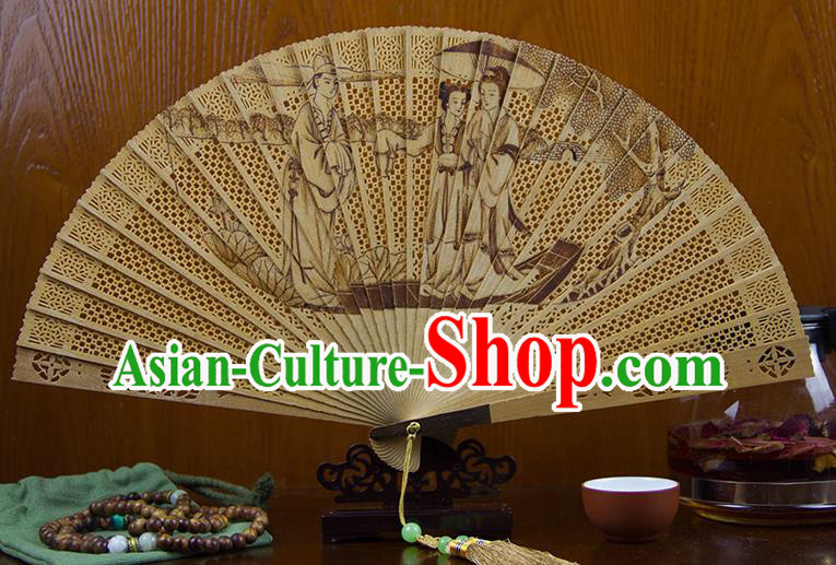 Traditional Chinese Hand Carving Madam White Snake Sandalwood Fan China Wood Accordion Folding Fan Oriental Fan