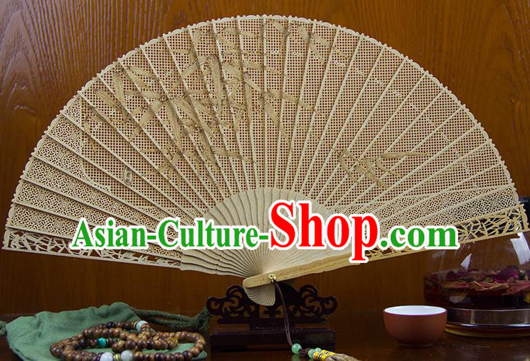 Traditional Chinese Hand Carving Bamboo Leaf Sandalwood Fan China Wood Accordion Folding Fan Oriental Fan