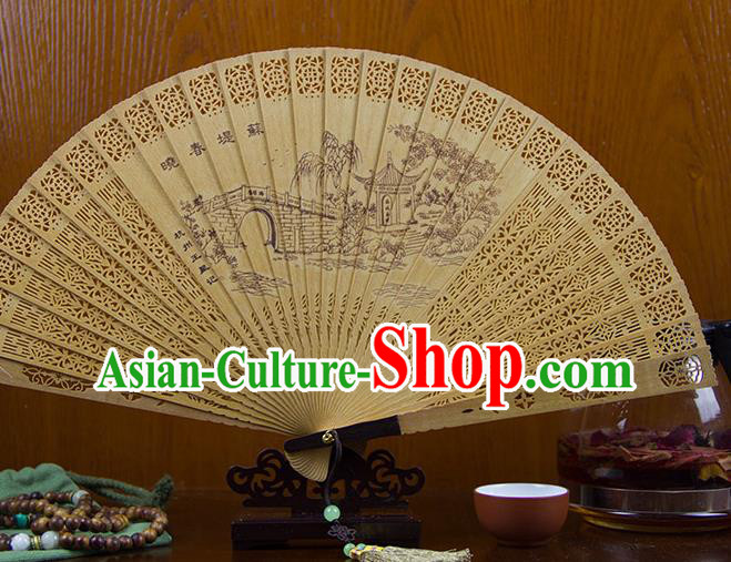 Traditional Chinese Hand Carving Su Causeway Spring Sandalwood Fan China Wood Accordion Folding Fan Oriental Fan