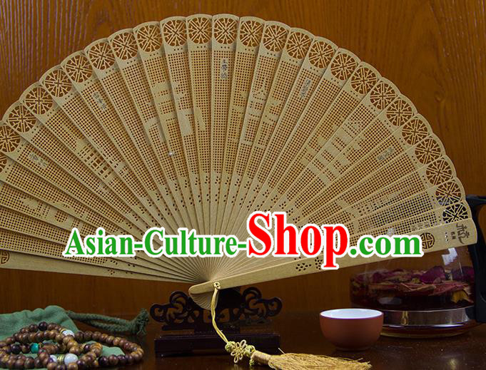 Traditional Chinese Hand Carving Impression of Hangzhou Sandalwood Fan China Wood Accordion Folding Fan Oriental Fan