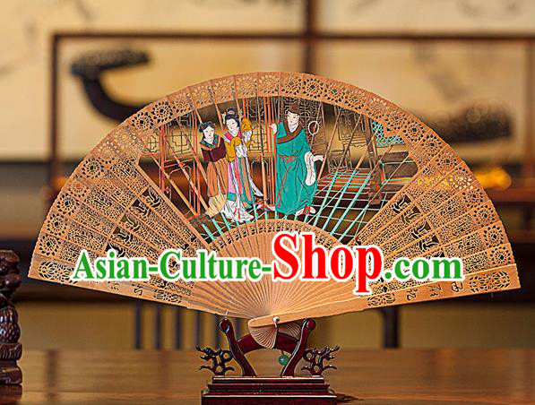 Traditional Chinese Hand Carving Romance of the Western Chamber Sandalwood Fan China Wood Accordion Folding Fan Oriental Fan