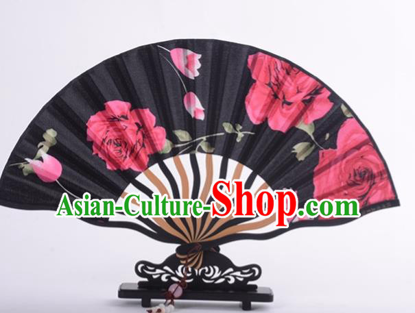 Traditional Chinese Printing Rose Black Silk Fan China Bamboo Accordion Folding Fan Oriental Fan