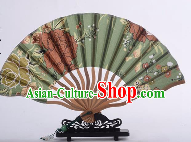 Traditional Chinese Printing Peony Orchid Green Silk Fan China Bamboo Accordion Folding Fan Oriental Fan