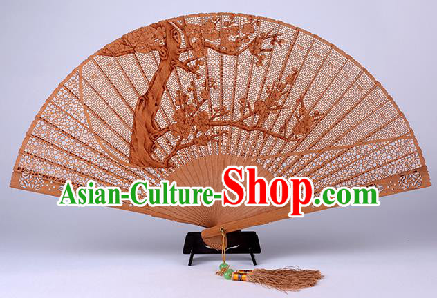 Traditional Chinese Handmade Carving Plum Blossom Sandalwood Folding Fan China Accordion Fan Oriental Fan