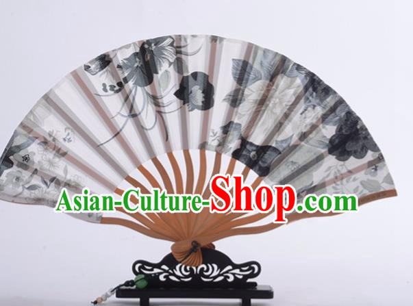 Traditional Chinese Printing Grey Peony Silk Fan China Bamboo Accordion Folding Fan Oriental Fan