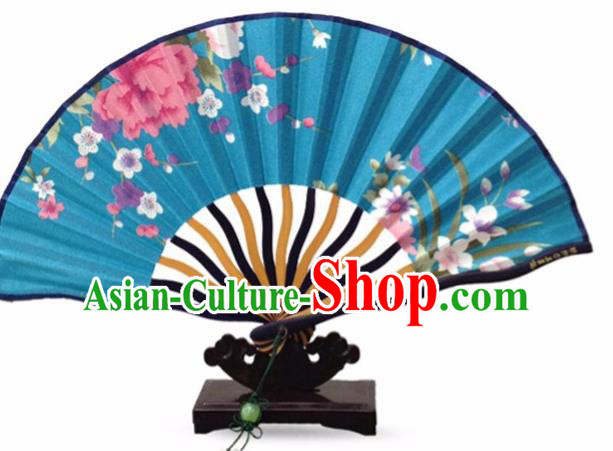 Traditional Chinese Printing Sakura Blue Silk Fan China Bamboo Accordion Folding Fan Oriental Fan