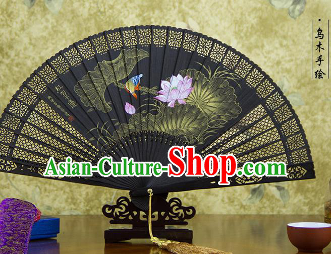 Traditional Chinese Hand Painting Pink Lotus Ebony Fan China Accordion Folding Fan Oriental Fan