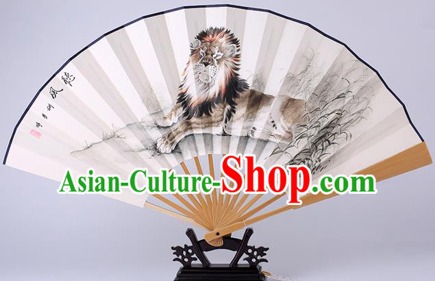 Traditional Chinese Hand Painting Lion Paper Fan China Bamboo Accordion Folding Fan Oriental Fan