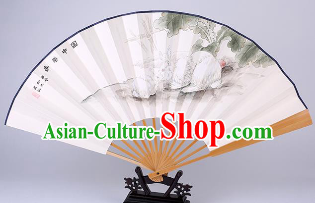 Traditional Chinese Hand Painting Rabbit Paper Fan China Bamboo Accordion Folding Fan Oriental Fan