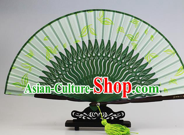 Traditional Chinese Printing Leaf Green Silk Fan China Bamboo Accordion Folding Fan Oriental Fan