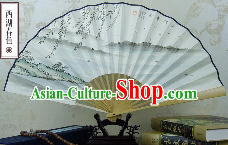 Traditional Chinese Hand Painting West Lake Spring Scenery Paper Fan China Accordion Folding Fan Oriental Fan