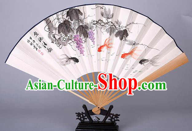 Traditional Chinese Handmade Ink Painting Grape Goldfish Paper Folding Fan China Accordion Fan Oriental Fan