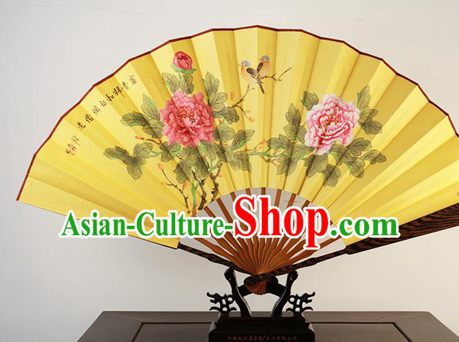 Traditional Chinese Hand Painting Peony Yellow Silk Fan China Accordion Folding Fan Oriental Fan