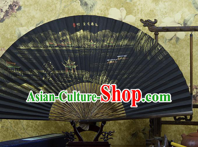 Traditional Chinese Hand Painting Flower Harbor Mulberry Paper Fan China Accordion Folding Fan Oriental Fan