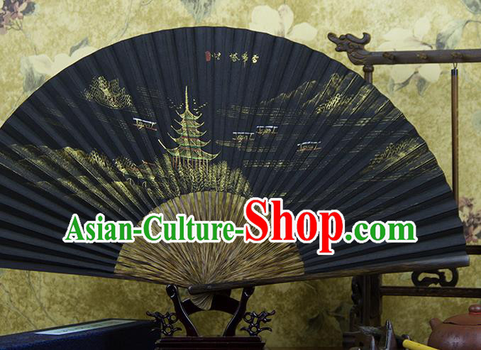 Traditional Chinese Hand Painting Lei Feng Tower Mulberry Paper Fan China Accordion Folding Fan Oriental Fan
