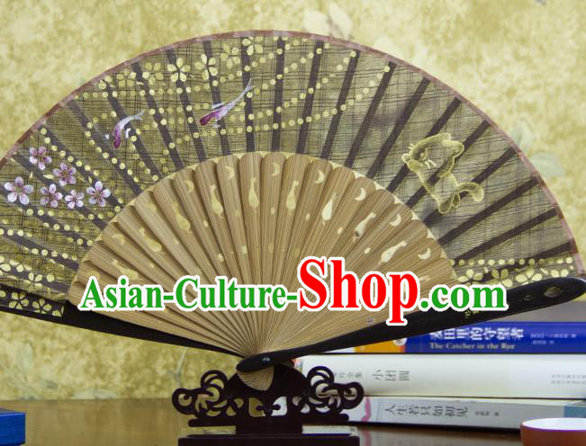Traditional Chinese Printing Fishes Black Flax Fan China Bamboo Accordion Folding Fan Oriental Fan