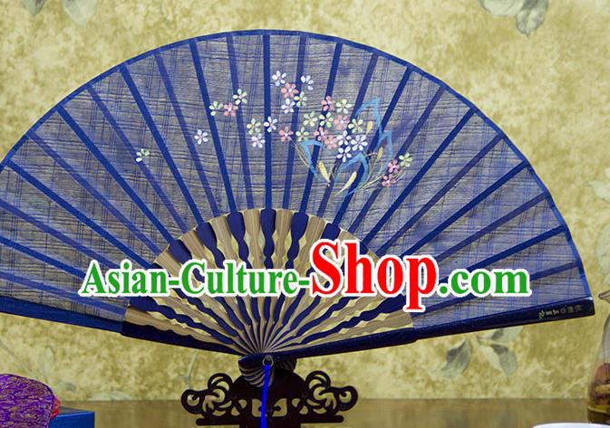 Traditional Chinese Printing Flowers Blue Flax Fan China Bamboo Accordion Folding Fan Oriental Fan