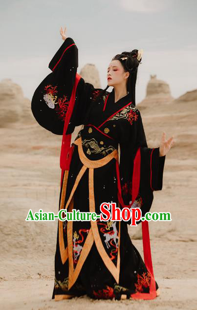 Traditional Chinese Ancient Goddess Black Hanfu Dress Han Dynasty Imperial Consort Historical Costumes for Women