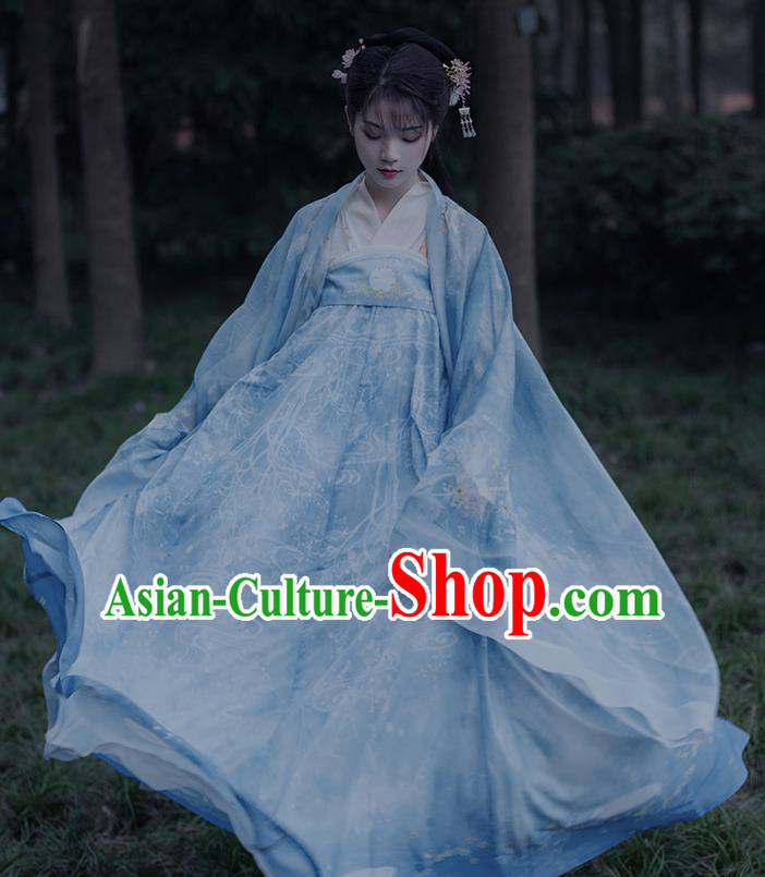 Traditional Chinese Ancient Court Princess Blue Hanfu Dress Song Dynasty Patrician Lady Historical Costumes for Women